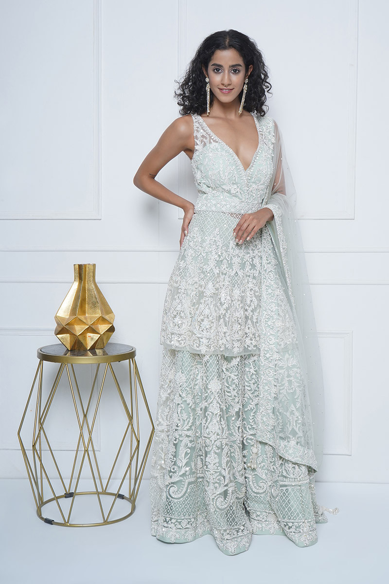 Pastel sage green all over  hand embroidered sharara set and dupatta in tulle